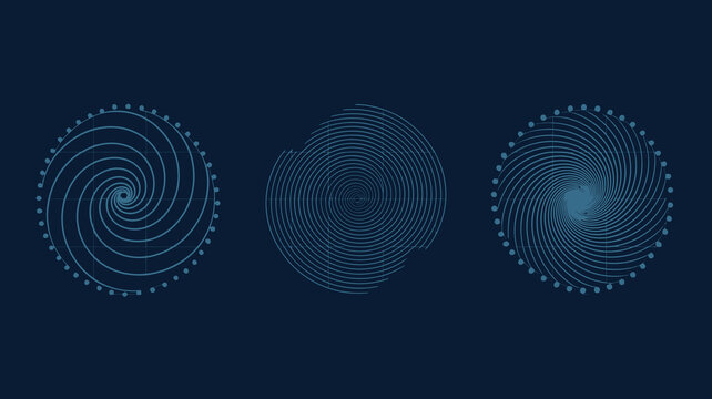 A dark blue background displays three distinct spiral patterns composed of connected dots and lines evoking mathematical and geometric concepts high quality professional detailed modern elegant