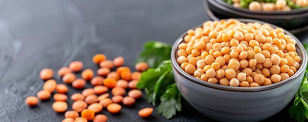 Raw dried yellow peas in ceramic bowl with red lentils and parsley on dark background.