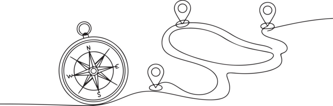 One line location. Hand drawn travel compass, journey route map and pin icon. Geography and tourism.one line icon illustration with white background