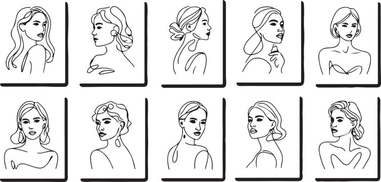 Collection of contemporary cards with female portraits.one line icon illustration with white background
