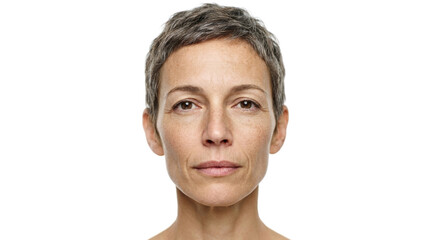 A clean, minimalist portrait of a mature woman with ultra-short silver hair. Her calm, confident gaze and warm smile radiate authenticity. Studio lighting, plain white backdrop.