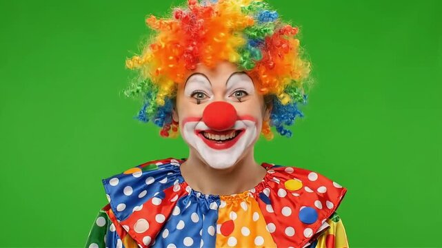 Cheerful Clown in Colorful Rainbow Wig and Polka Dot Costume Smiling and Laughing on Green Screen Background