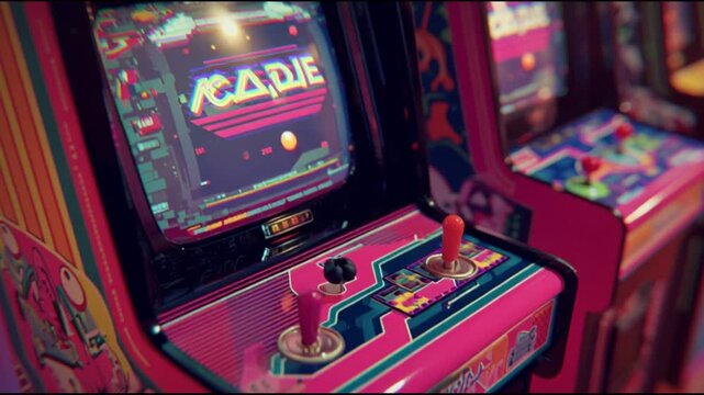 A close-up of a retro arcade machine with a vibrant screen and joystick in a colorful gaming environment from a low angle viewpoint