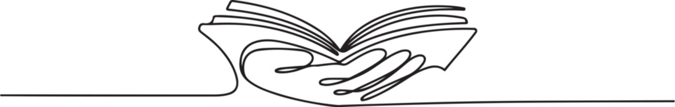 Open book in left hand one line art.one line icon illustration with white background