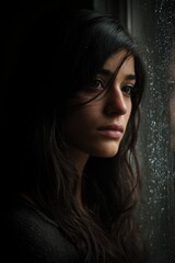 Fototapeta premium Woman gazing out of window close up portrait