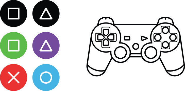Modern Video Game Controller Illustration With Colorful Action Button Icons Set Black Line Art Vector Gamepad For UI