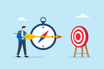Flat illustration of businessman aligning arrow with compass to aim at target bullseye strategic direction focus precision planning and business goal accuracy © VZ_Art