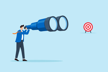 Flat illustration of businessman looking through giant binoculars to clearly identify distant target strategic vision long term planning focus clarity and business goal alignment