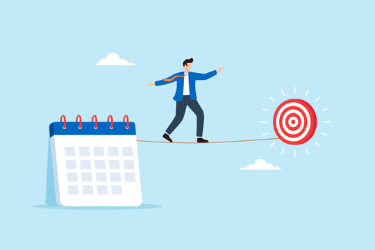 Flat illustration of businessman walking tightrope over calendar to reach target deadline pressure time management strategic planning and goal execution