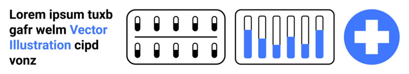 Fototapeta premium Pills in blister packaging, dose tracker with blue levels, and healthcare cross icon. Ideal for medicine, pharmacy, dosage management, healthcare, medical research, clinical trials simple landing