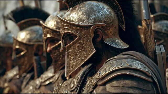 Ancient warriors in bronze armor stand united, their weathered helmets a testament to battle-hardened veterans in a fierce historical reenactment scene from a low-angle viewpoint