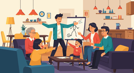 Fototapeta na wymiar A multi-generational family enjoys a lively game of charades, filled with laughter and interaction, presented in a cheerful flat design style. 