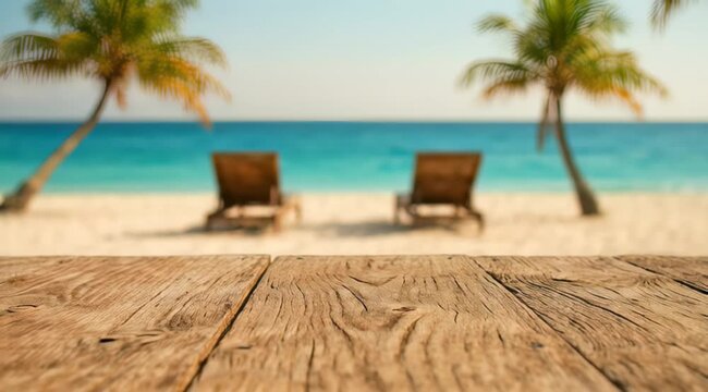 Empty wooden table top surface with blurred tropical beach background featuring turquoise ocean and palm trees, concept for product placement, summer holiday promotion and travel agency advertising