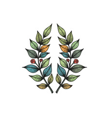 Botanical illustration of two branches with leaves and berries