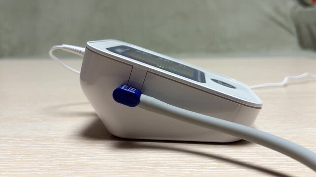 A digital blood pressure monitor activates its internal pump to inflate the arm cuff. This action creates a steady mechanical hum