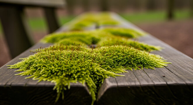 Vibrant Green Moss and Sporophytes Growing on an Old Weathered Wooden Bench in Nature