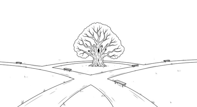 Crossroads with a large tree and multiple paths black and white line art illustration concept of choice and decision making
