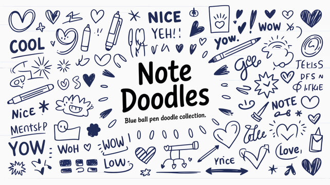 A colorful hand drawn collage of doodles including hearts stars pencils and handwritten words like note and cool on lined paper high quality professional detailed modern