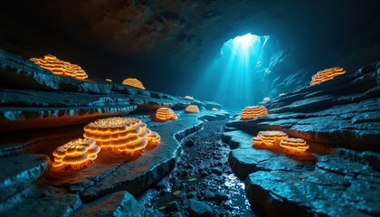 Ethereal cave glowing bioluminescent flora illuminated by dramatic sunbeams piercing through rock ceiling with wet