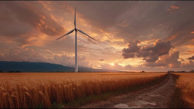 Wind turbine standing in a vast wheat field at sunset with a dirt path leading to the horizon