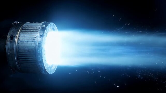 Futuristic engine emitting glowing blue energy stream