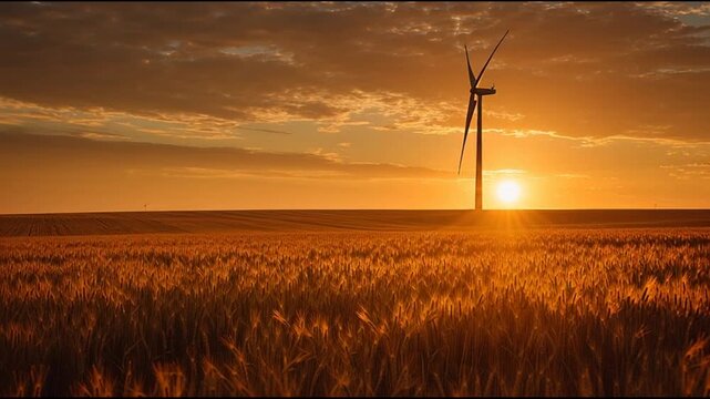 Wind turbine standing in a vast wheat field during a serene sunset with the sun shining brightly behind it