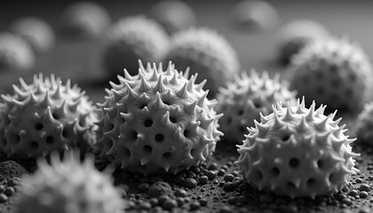 Detailed Macro View of Pollen Grains with Spiky Texture and Porous Surface on a Textured Ground in Monochrome
