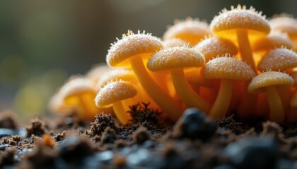 Cluster of small yellow-orange mushrooms with glistening caps and dark brown soil in soft focus background with natural