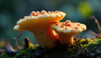 Close up of vibrant orange mushrooms with textured caps growing on mossy forest floor bathed in soft natural light