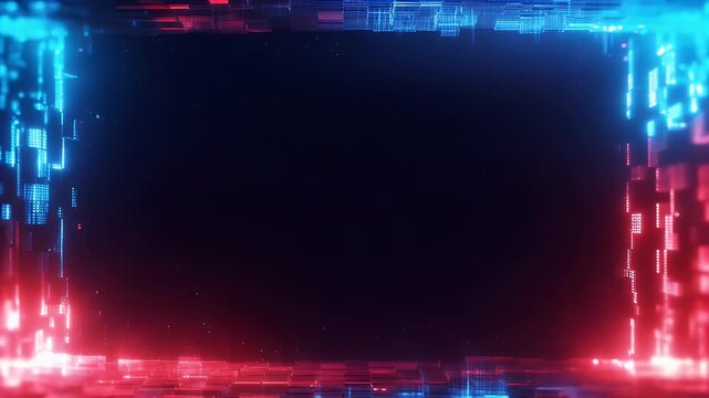 Futuristic red and blue glitch background with empty banner