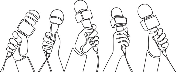 Continuous one line drawing hand with microphone. Journalism concept. Set of hands holding microphones. Press hands flat hand.one line icon illustration with white background