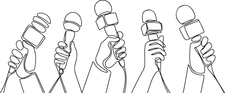 Continuous one line drawing hand with microphone. Journalism concept. Set of hands holding microphones. Press hands flat hand.one line icon illustration with white background