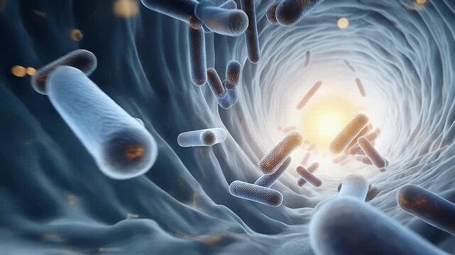 Rod-shaped bacteria (bacilli) floating in a dark microscopic environment. Biotechnology, in modern high-tech aesthetics.
