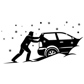 Man pushing a car stuck in snow with falling snowflakes