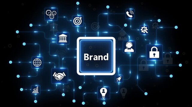 Brand strategy strengthens digital business growth. Technology innovation elevates global success. Digital brand building strategy icons representing growth success 4k..