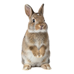 Obraz premium a tiny rabbit kit with variegated brown and white velvet fur stands on its hind legs, front paws raised, isolated on a transparent studio background emphasizing adorable texture