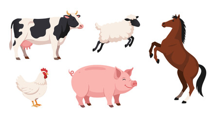 Obraz premium Farm animals vector illustration set including a cow, horse, pig, chicken, and sheep
