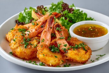 Fototapeta premium Golden fried prawns with side salad and dipping sauce