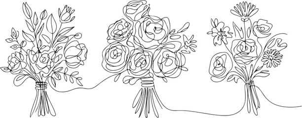 Set of big bouquets continuous line drawing.one line icon illustration with white background