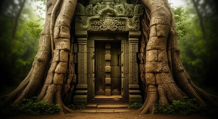 Naklejka premium Ancient temple entrance overgrown with tree roots in jungle