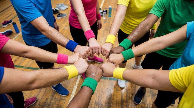 Sport team joins fists before workout. Team spirit in gym class, diverse hands in circle, team building for new year resolution, fitness challenge, corporate wellness concept, copy space