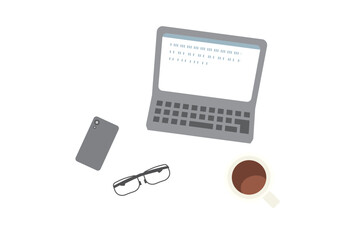 PCとスマホとメガネとコーヒーのセットイラスト