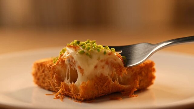 Gourmet Kunefe Dessert with Melted Cheese Pull & Pistachio Garnish. Authentic Middle Eastern Sweet Pastry.