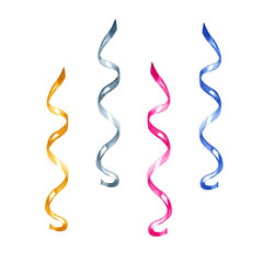 Hand painted watercolor illustration of curly spiral ribbons in gold, silver, pink, and blue. Festive decorative streamers for party invitations, birthday cards, and holiday celebration designs.
