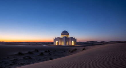 Obraz premium Majestic building stands alone in vast desert landscape at dusk, serene atmosphere, Whisk, distant view