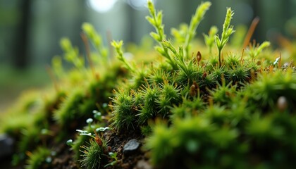Close up of vibrant green moss and tiny plants glistening with dew drops in a soft focus forest background natural