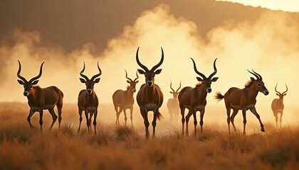 Herd of antelopes silhouetted against a golden sunrise haze on African savanna warm light illuminates dry grass and