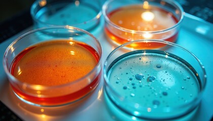 Four sterile petri dishes containing colorful agar media under blue laboratory lighting showcasing microbiological