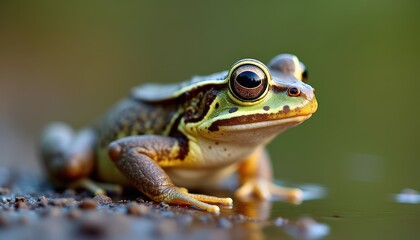 Detailed Close-up Macro Portrait of a Vibrant Green and Brown Frog with Large Exquisite Eyes Sitting on a Wet Ground