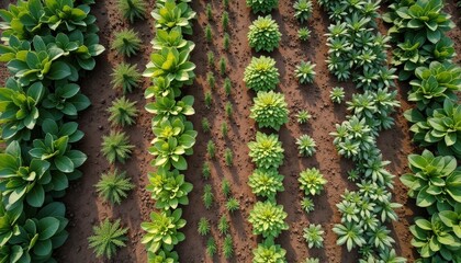 Rows of Lush Green Plants Growing in Rich Brown Soil Under Natural Sunlight in a Garden Setting